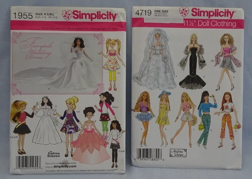 2 Simplicity Pattern Barbie 11-1/2" Doll Clothes Wedding Dress Wardrobe A Schewe