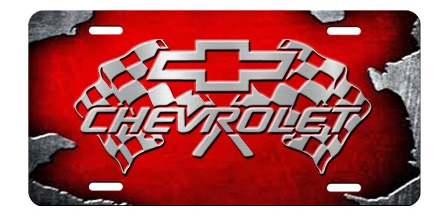 Chevy Chevrolet Bowtie Checkered Flags Aluminum Novelty License Plate Tag Red B - Picture 1 of 5