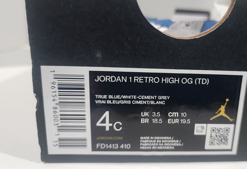 Air Jordan 1 Retro High OG True Blau/Weiß/Grau (Td) Gr. 4c Neu FD1413 410 ohne Deckel - Bild 7 von 7
