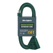 15 Ft Outdoor Extension Cord with 3 Electrical Power Outlets - 16/3 SJTW Long...