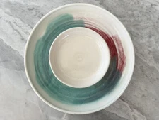 Studio Pottery Chip And Dip Platter Plate Tray Artist Signed Teal Pink Glaze