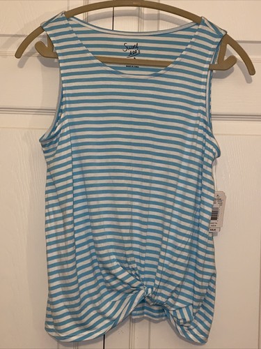 Sweet Tea’s By Pink Rose Top Womens M Twist Front Striped Stretch Tank Blue Aqua - 第 1/11 張圖片
