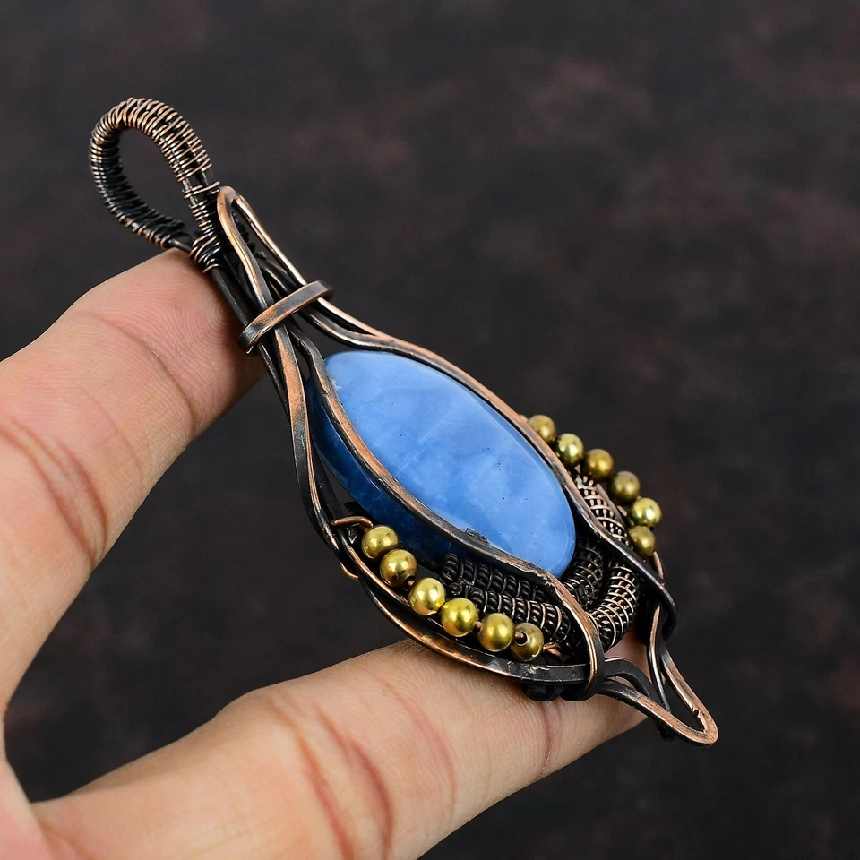 Colgante Owyhee de piedras preciosas de ópalo azul envuelto en alambre joyería de cobre para mujer 3,7" Foto 4 de 4