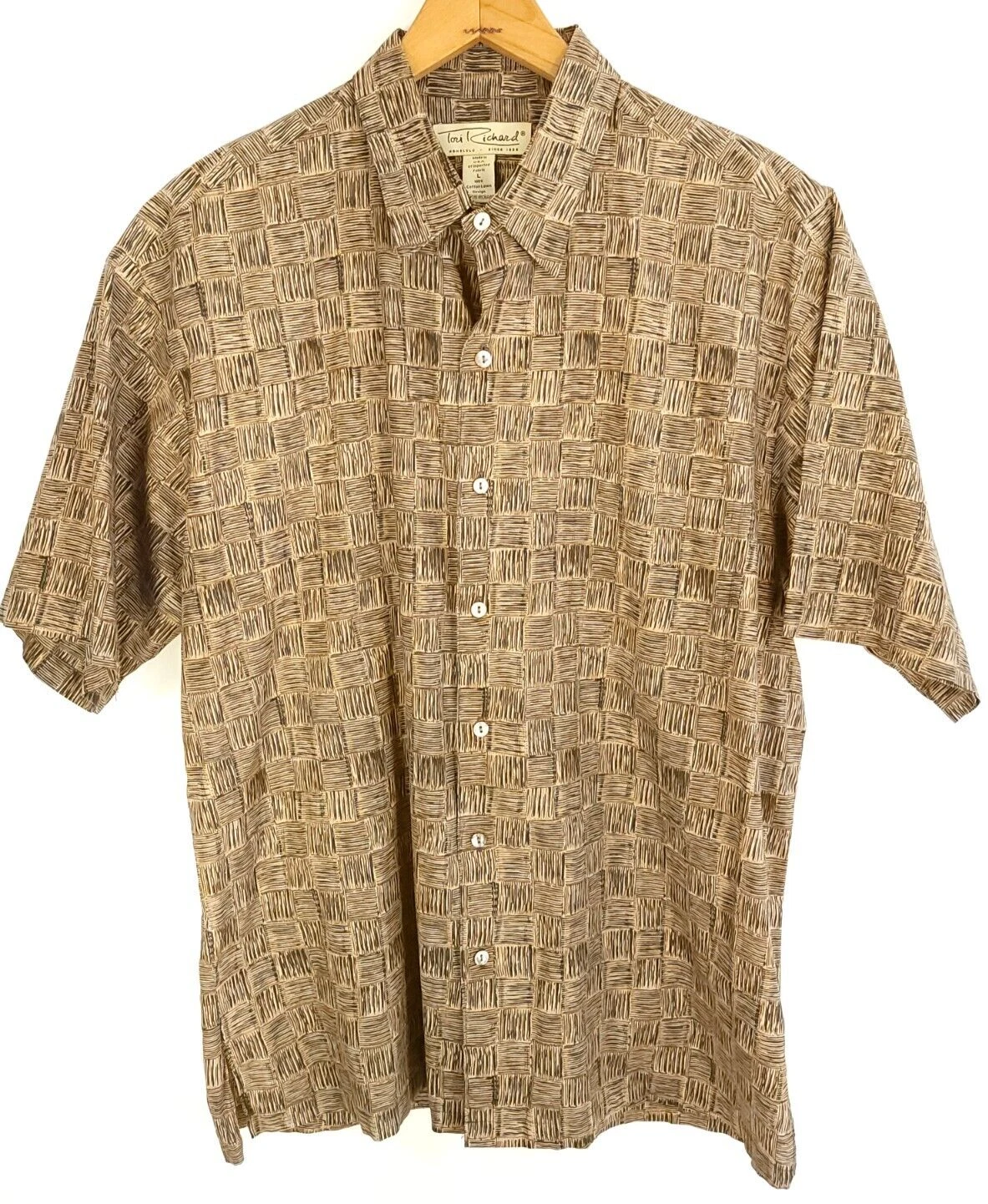 Tori Richard Hawaiian Shirt Men's Large Black Tan Geometric Weave Print
