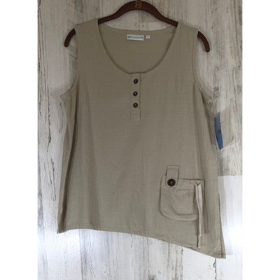 Lulu-B Tank Top Medium Khaki Cotton Textured Asymmetrical Hem Patch Pocket NEW