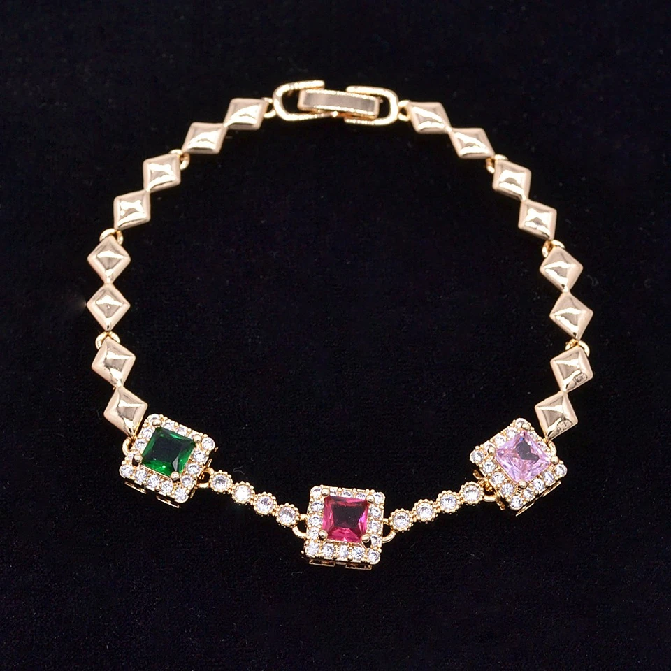 Brazalete cuadrado topacio místico rojo de moda relleno de oro amarillo de 18 quilates para mujer Foto 3 de 4