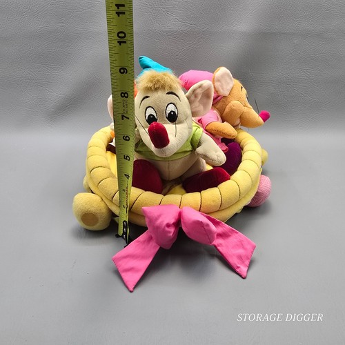 Vintage Disney Store Cinderella Gus Suzy & Jaq Mice In Plush Basket 10" Diameter - Picture 11 of 11