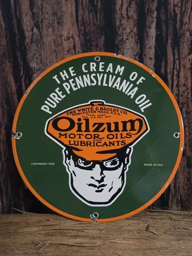 VINTAGE OILZUM MOTOR OILS AND LUBRICANTS PORCELAIN SIGN 12"