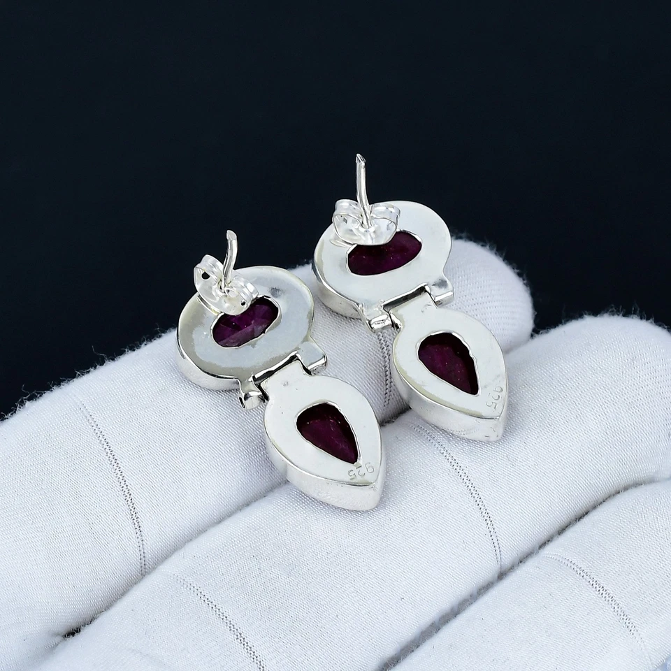 Kashmir Rubino Creato IN Laboratorio Orecchini 925 Argento Gioielli Per Birthday - Immagine 4 di 4