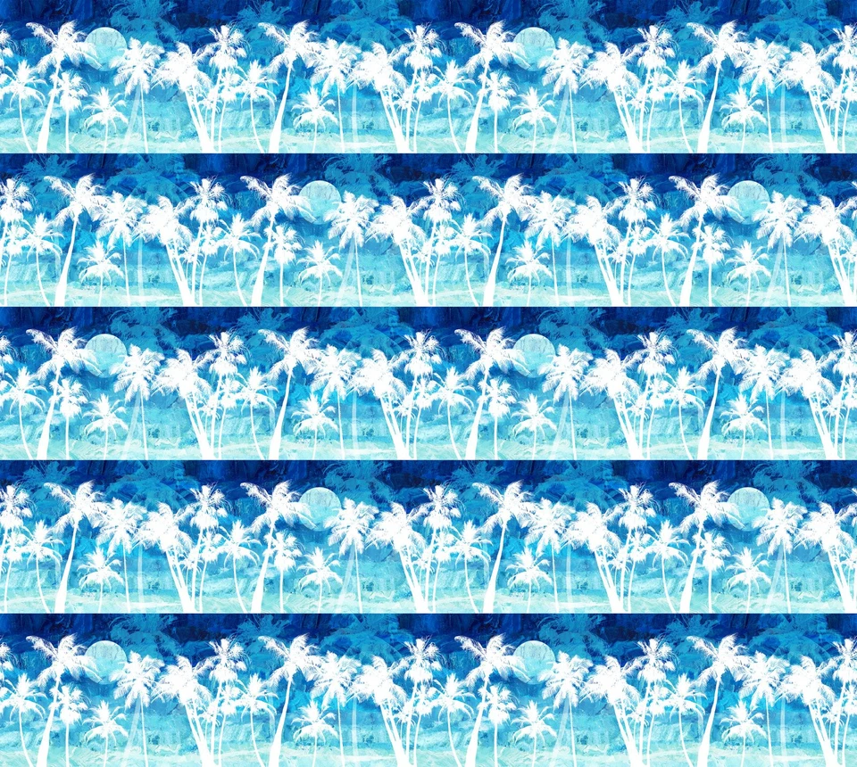 Nautical Fabric | Beach Palm Tree Border Stripe Blue White | Northcott YARD - Image 1 of 1