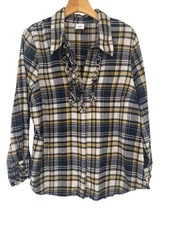 Cabi Womens Navy & Mustard Plaid Button-Up Shirt With Ruffle Front Detail Size L