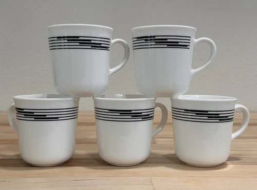 Vintage Corelle Corning Optic White Black Bands Coffee Mug set of 5