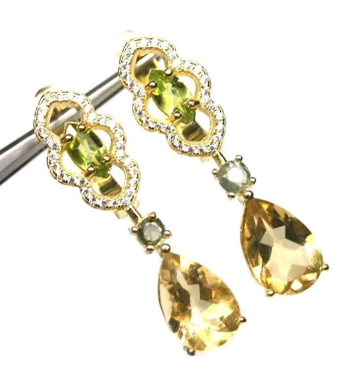 925Sterling Silber Ohrstecker HÄNGER Echte Edelsteine Citrin ,Peridot 18KVergold - Bild 2 von 4