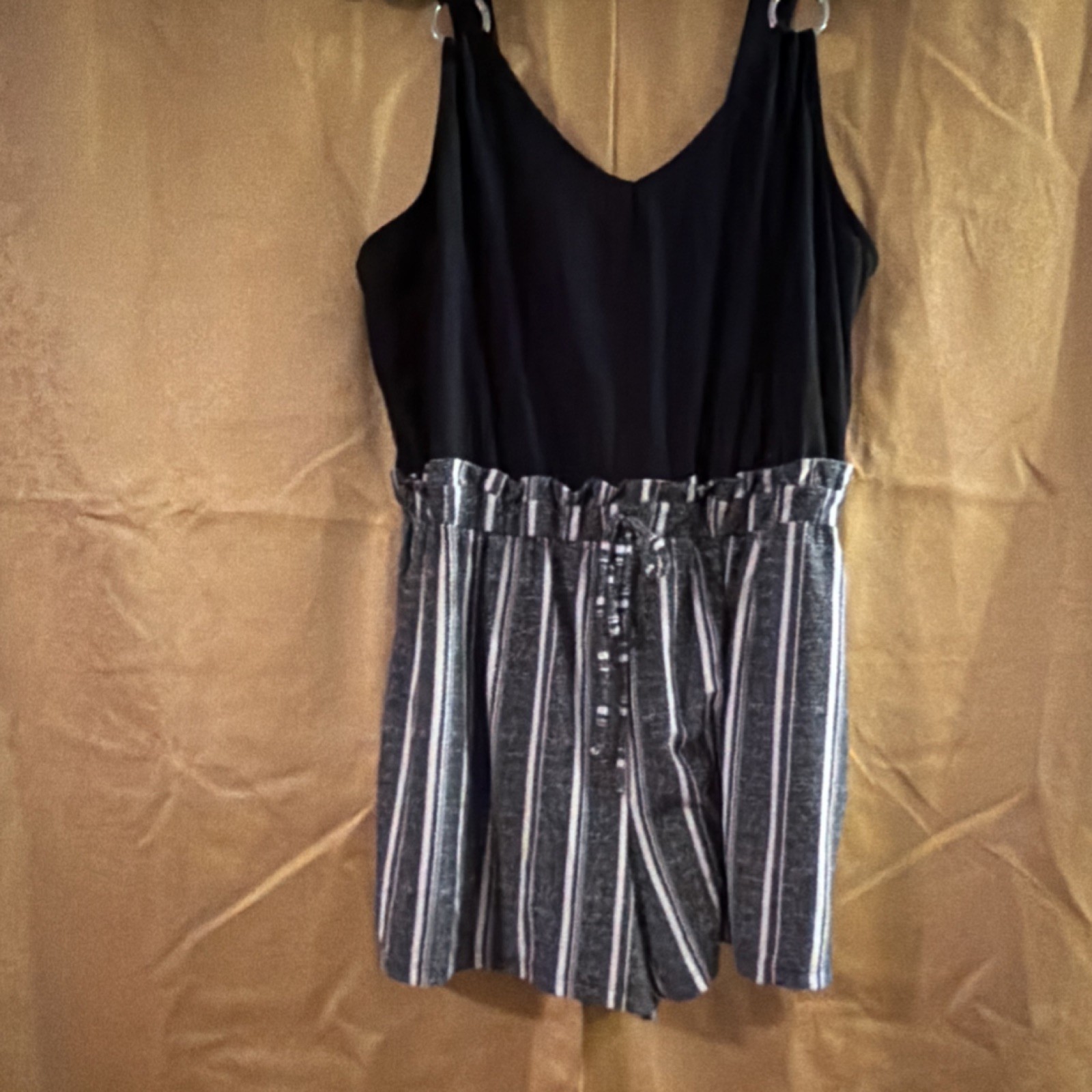 No Boundaries Black Gray White Striped Sleeveless Romper V-Neck Ring Accent XL