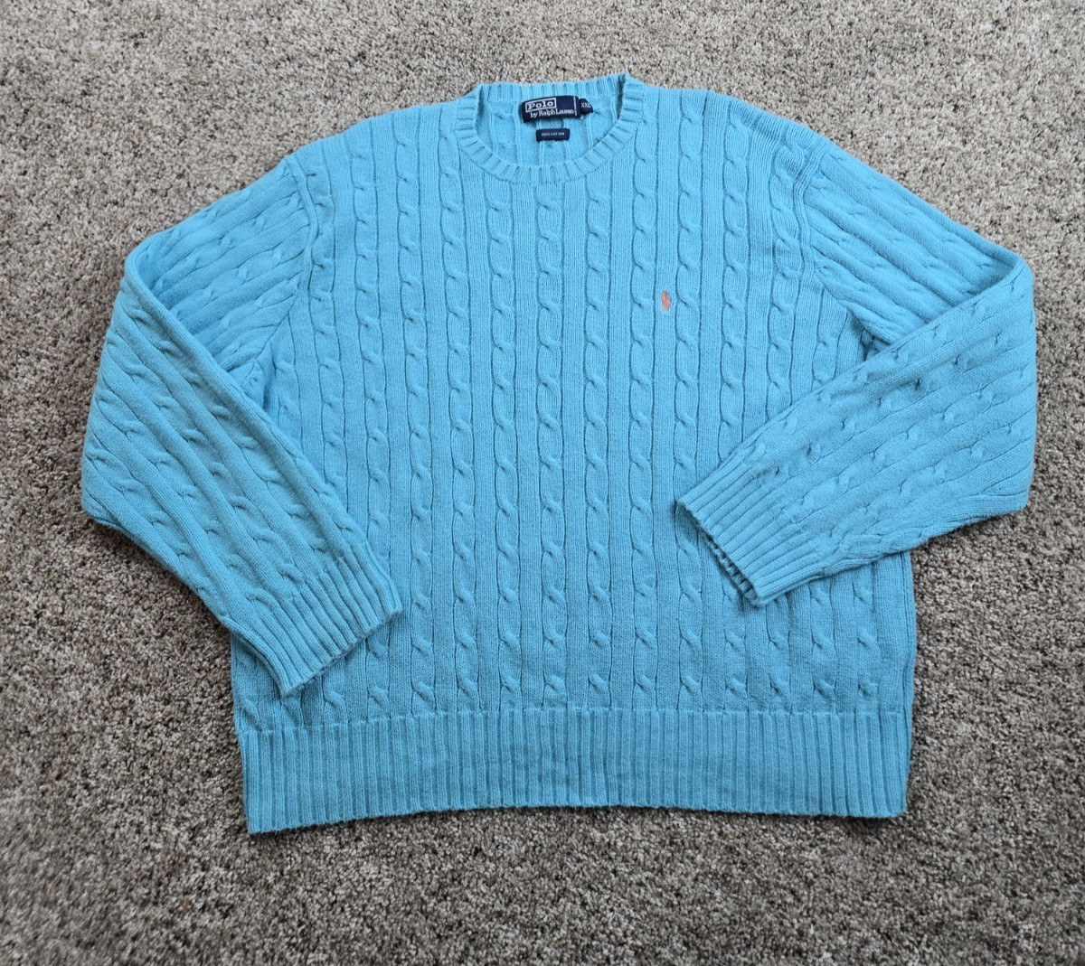 Vintage Polo Ralph Lauren Cable Knit Sweater 2XL Mens Blue Long Sleeve Crew Neck