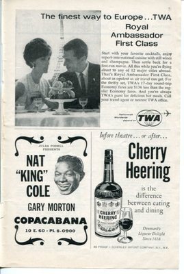TWA Royal Ambassador First Class Copacabana Nat King Cole Heering Vintage Ad