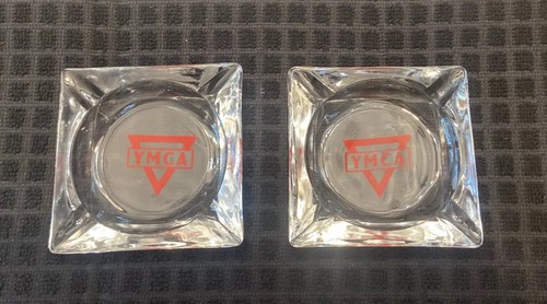 Y.M.C.A Vintage Glass Ashtray ~ Set of Two - Clear Glass - Vintage YMCA Logo