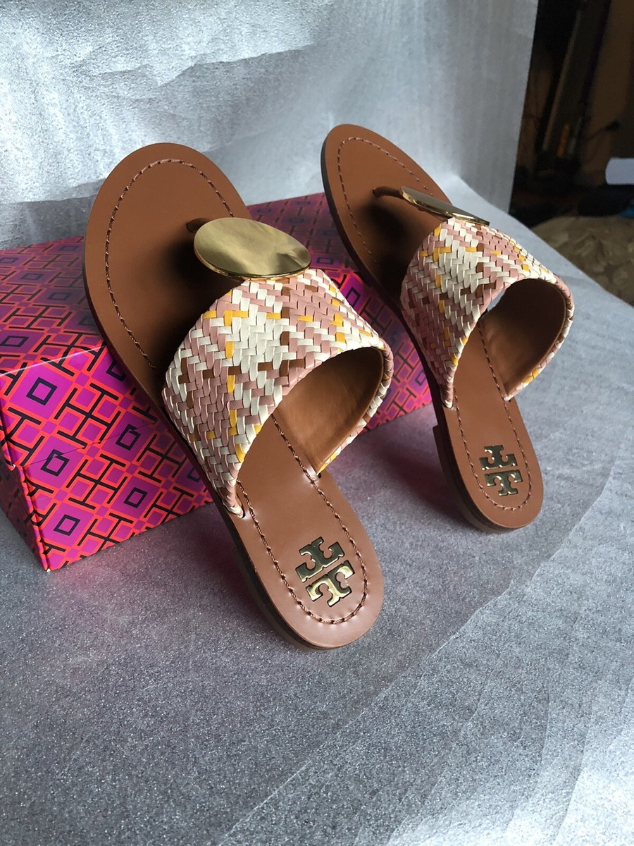 Tory Burch Patos Disk Sandals Neutral Woven Nappa Leather