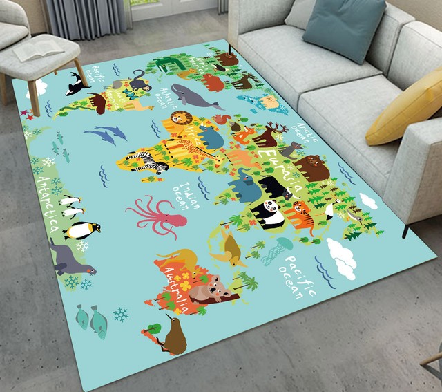 Floor Mat Kids Bedroom Carpet Living Room Area Rugs Cartoon Animals World Map