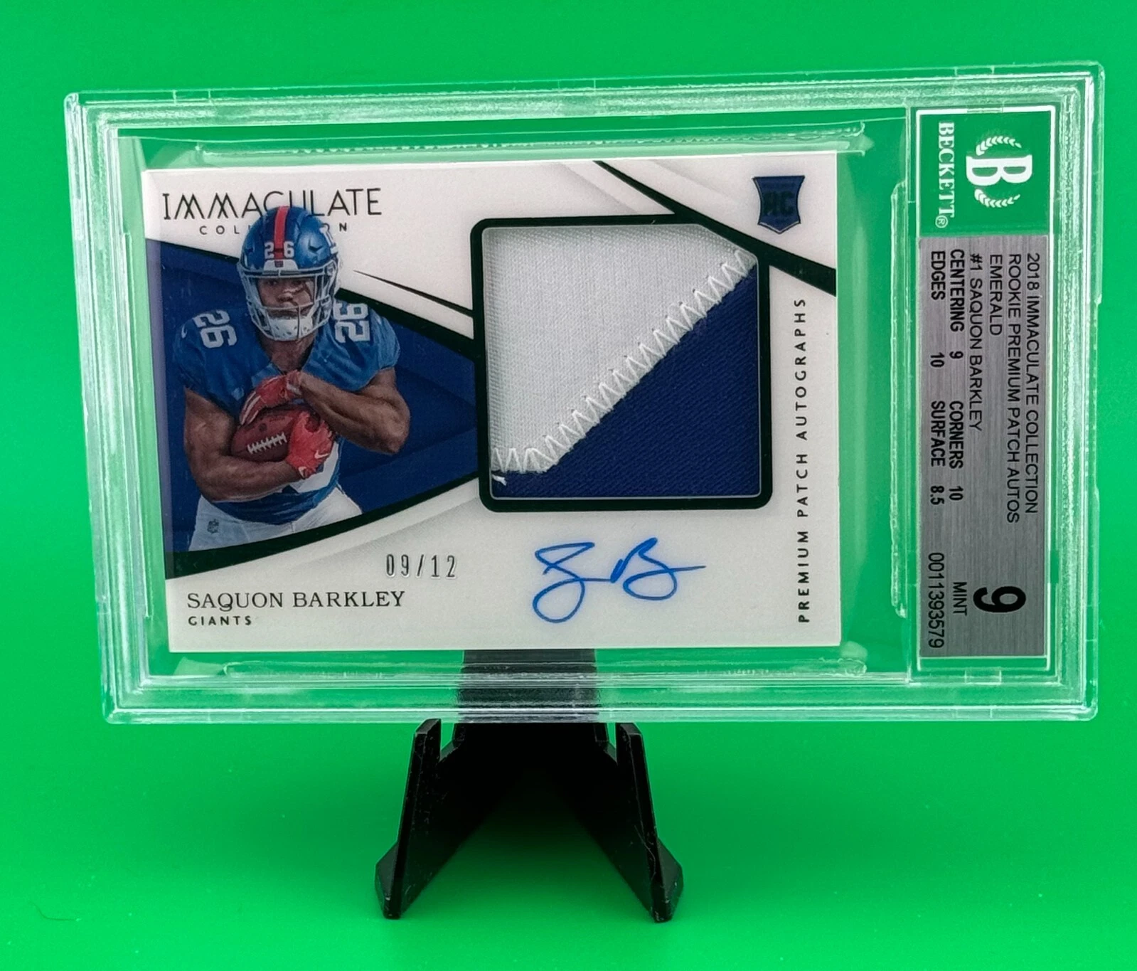 Saquon Barkley Panini Immaculate Collection Premium Patch Rookie Autograph #PRSB Emerald