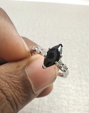 Deep Shiny Black Marquise Cut Onyx With Clear CZ Solitaire With Accents Ring