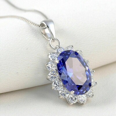 Large Oval Cut Natural Blue Sapphire & Diamond Halo Pendant 18'' 14k Solid Gold