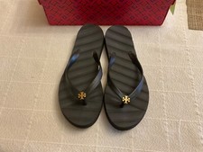 Tory Burch Kira Black Flip Flop Thong Sandal Brass Gold Logo Sz 7