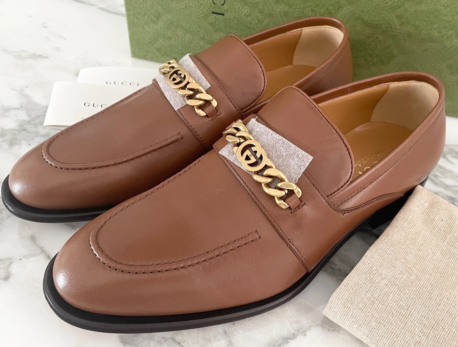 Chaussures mocassins en cuir marron Gucci GG NEUF authentiques 746684 logo chaîne, pointure 8, 8+