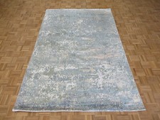 5'11 x 9 Hand Knotted Modern Abstract Blue Oriental Rug With Silk G8179