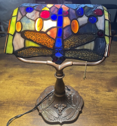 Bankers Desk Lamp Tiffany Style Stained Glass Vintage Dragonfly Table Lamp