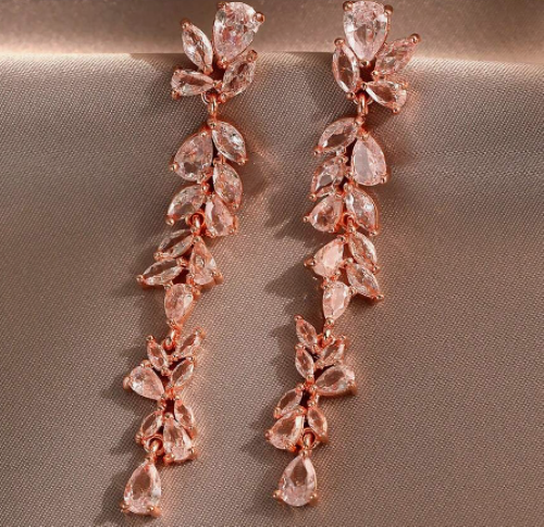 Long Clear Cubic Zirconia Earrings Rose Gold Drop Dangle Wedding Prom Pageant - Picture 1 of 6