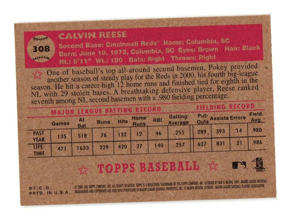 2001 Topps Heritage #308 Pokey Reese Cincinnati Reds - Image 2 of 2