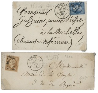 OBLITERATION M DE PARIS SUR 2 LETTRE AVEC N°13 ET N°14 INDICE 17(X2)
