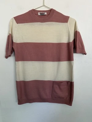 Rodier Paris Vintage Jumper Size Small Top Pink Cream Wide Striped Wool Blend - Image 1 of 4
