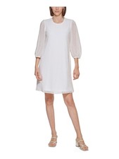 CALVIN KLEIN Womens White Swiss Dots Closure Lined 3/4 Sleeve Shift Dress 8
