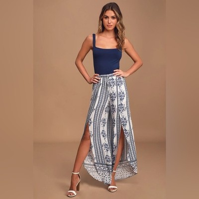 Lulus Best Buds White and Blue Floral Print Wide-Leg Pants Medium