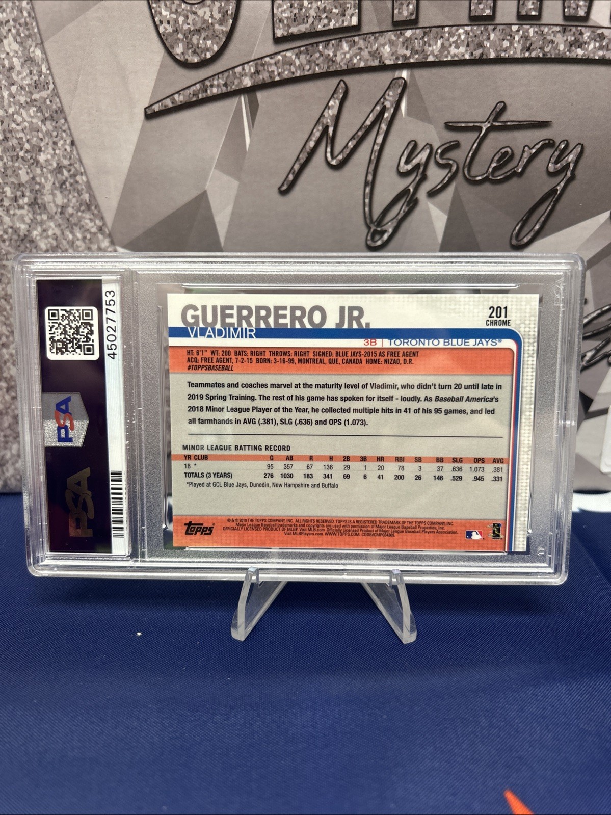 2019 Vladimir Guerrero Jr. Topps Chrome Base #201 (RC) Blue Jays PSA 10 view 3
