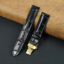 20mm Black Leather Watch Strap Men Real Crocodile Watch Band Deployment Buckle