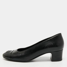 Chanel CC Size 37.5 Black Leather and Patent Cap Toe Block Heel Pumps