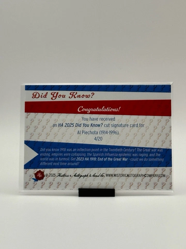2025 年历史亲笔签名 #4/20 切割签名 Al Piechota (1914 1996) 签名 — 第 2/3 张图片