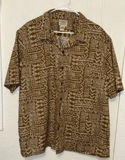 LL Bean Mens Traditional Fit Button Up Camp Tiki Hawaiian Shirt Sz XL Brown