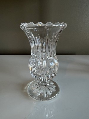 Pressed glass posy vase whirling hobstar base flared ribbed top sawtooth rim 4''
