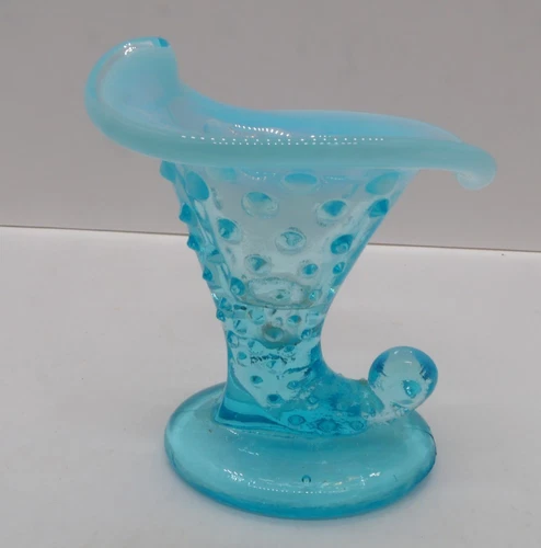 Fenton Blue Opalescent Hobnail Glass Cornucopia Horn of Plenty Vase Candleholder