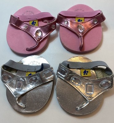 Build A Bear zwei Paar rosa silberne Flip-Flops Sandalen Schuhe mit Schmucksteinen Sommer 