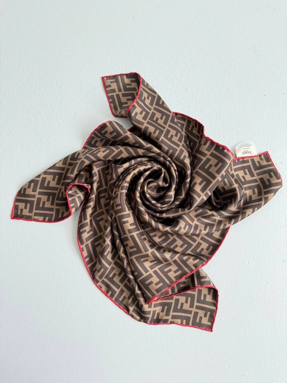 Fendi FF Monogram Silk Scarf Shawl Brown Red Made In Italy 65x65 cm