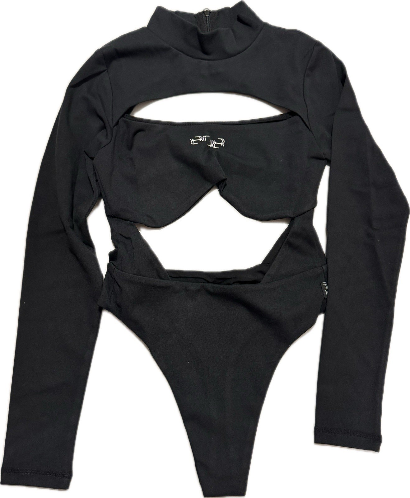 Long Sleeve High Neck Cut Built-In Bralette Bodysuit Black