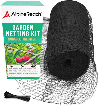 AlpineReach Garden Netting Kit 7.5 x 65 ft Black - Strong Mesh to Protect Plants