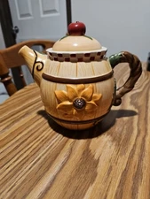 Kathy Hatch Collection Ceramic Teapot 2002 Sunflowers Cherry Vine Handle EUC