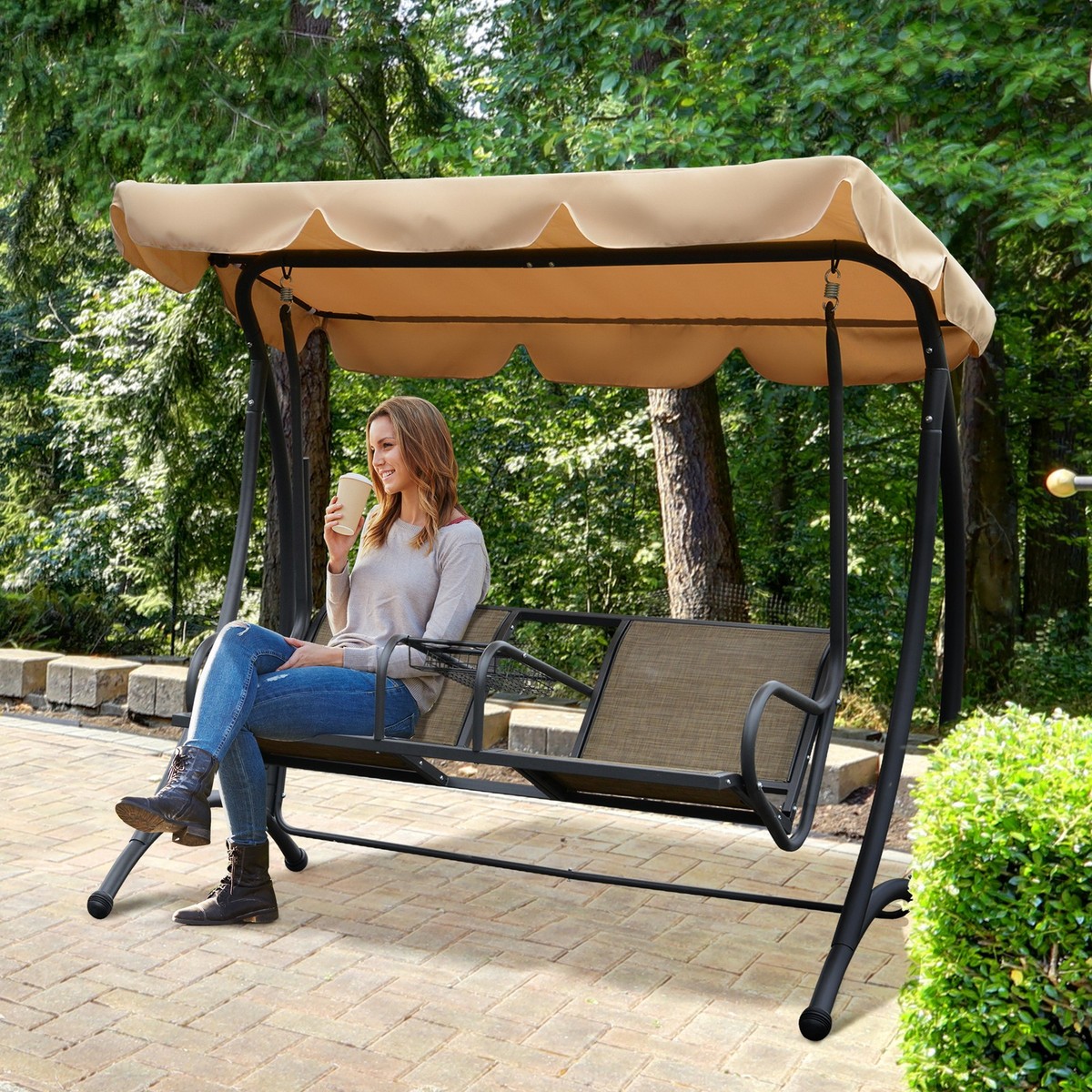 Dog Hammock VEIKOUS 2-Seat Porch Swing, Wooden Patio Freestanding
