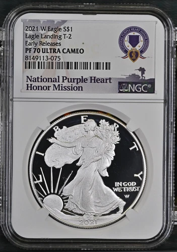 2021 W $1 T-2 💜NGC PF70 ULTRA CAMEO PROOF SILVER EAGLE LANDING ER PURPLE HEART